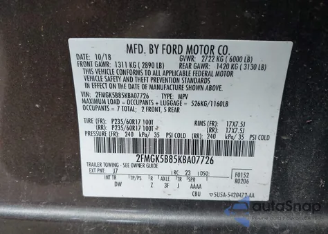 2019 Ford Flex Se from USA, damaged, VIN 2FMGK5B85KBA07726